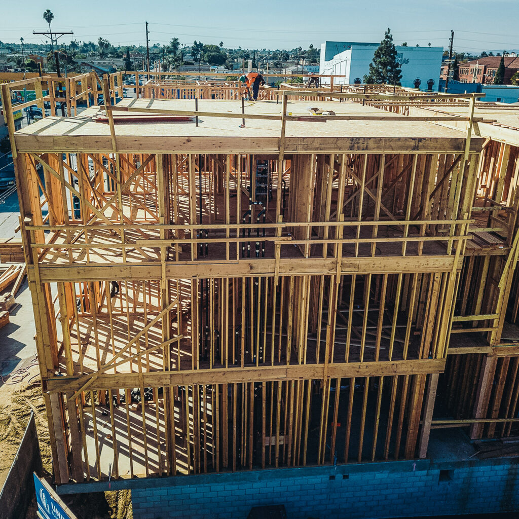 The scaffolding of a new building.