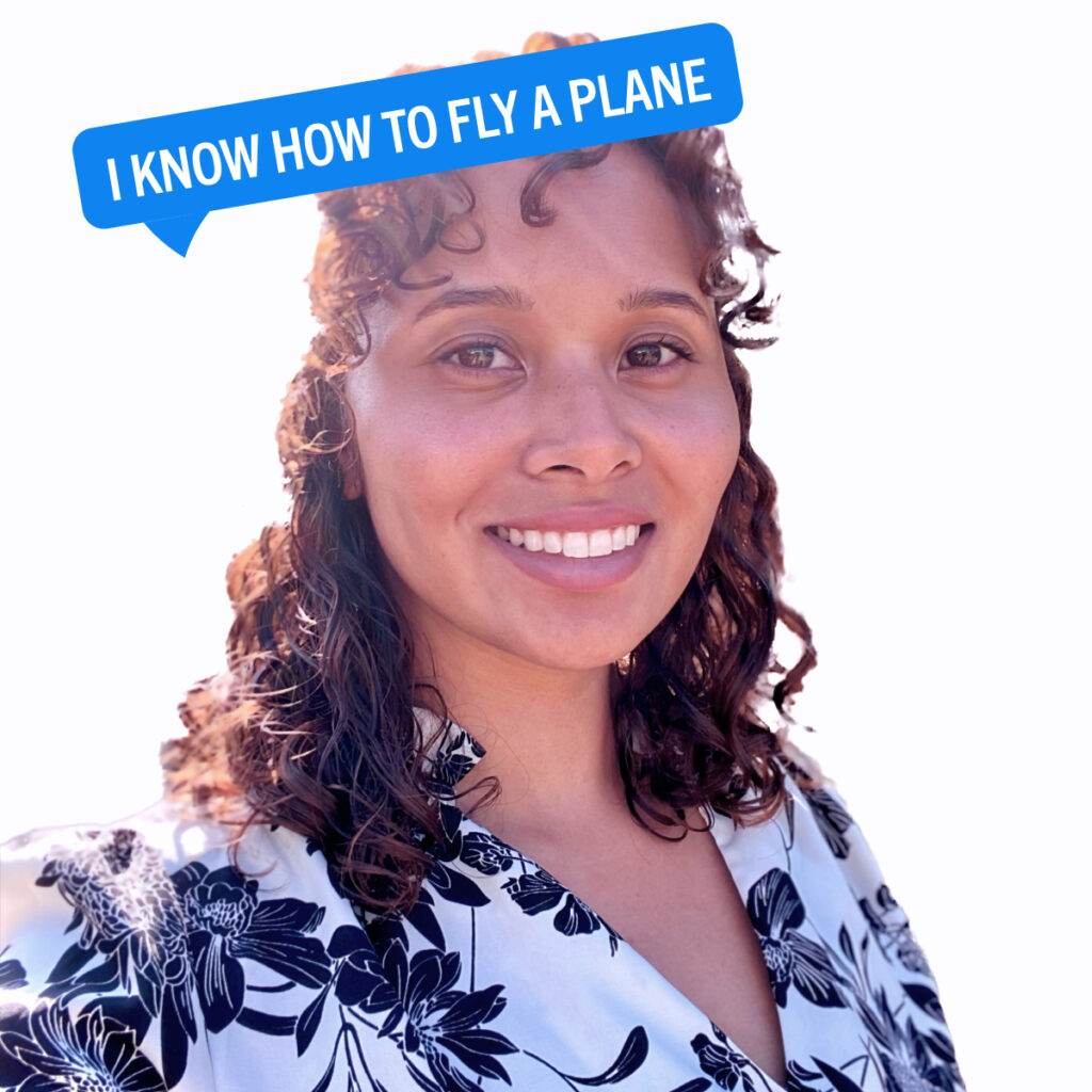 Portrait of Alex Duncan with a colorful tag displaying their fun fact "I know how to fly a plane"