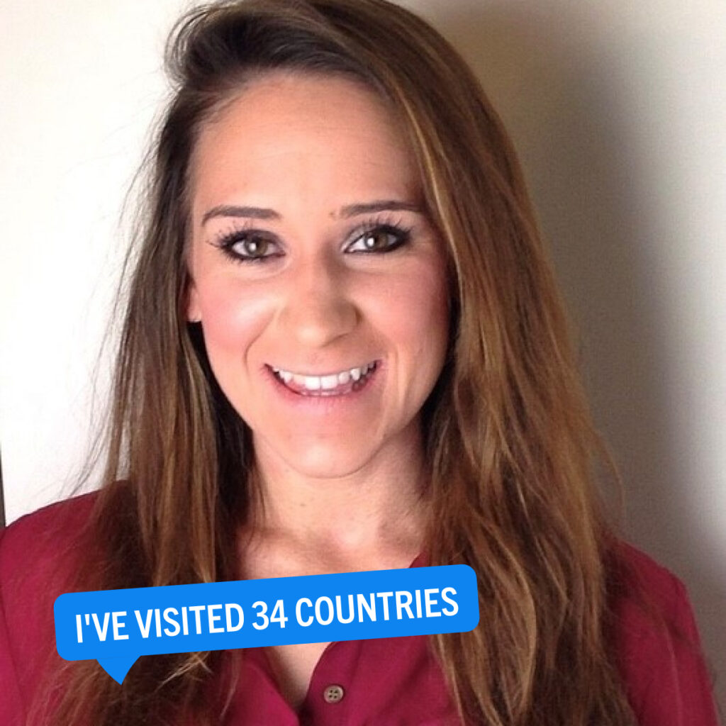 Portrait of Alexa beside a colorful tag that says "I've visited 34 countries."