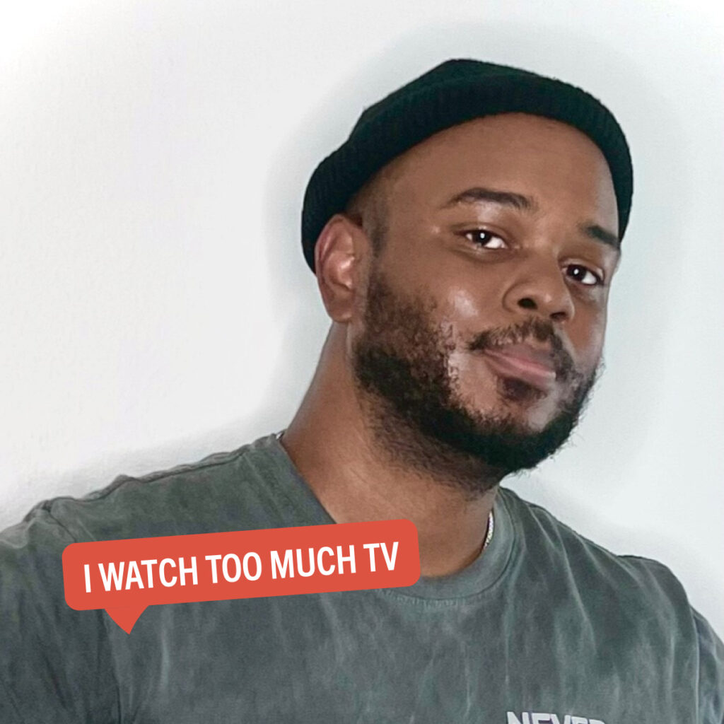 Portrait of Andrew Williams with a colorful tag displaying their fun fact "I watch too much TV"