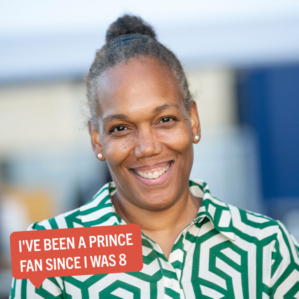 Portrait of Bridget McFarlin with a colorful tag displaying their fun fact "I've been a Prince fan since I was 8"