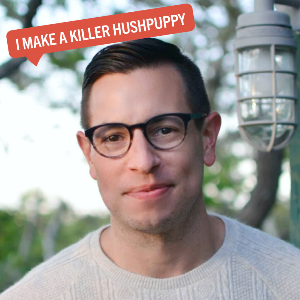 Portrait of Carter Hewgley with a colorful tag displaying their fun fact "I make a killer hushpuppy."