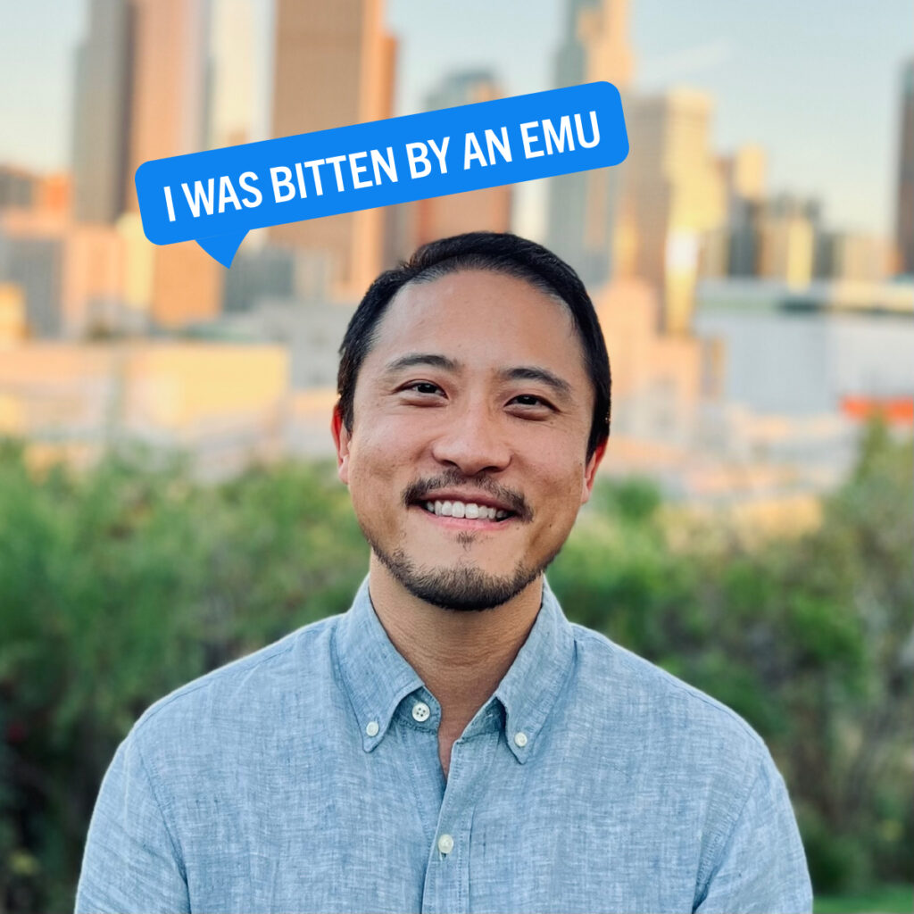 Portrait of Chris Ko with a colorful tag displaying their fun fact "I was bitten by an emu"