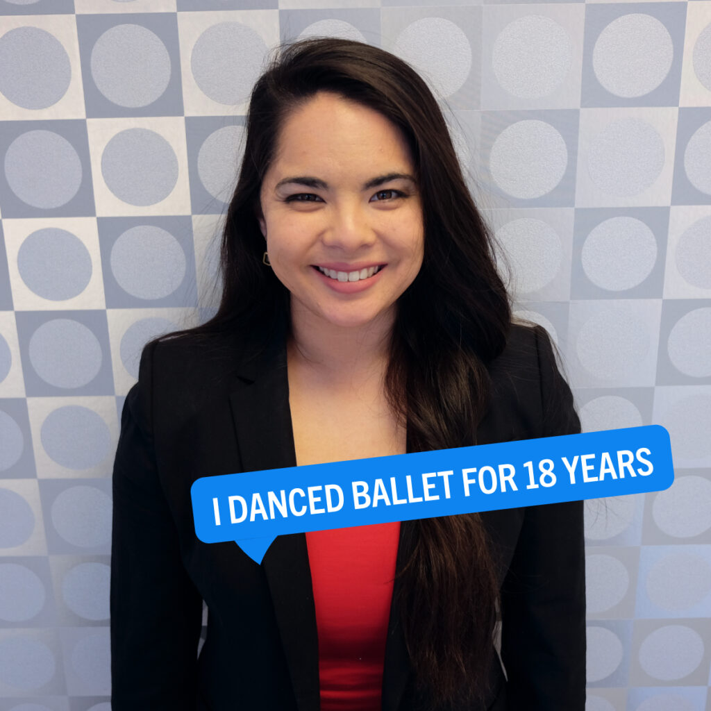 Portrait of Claire Kitayama with a colorful tag displaying their fun fact "I danced ballet for 18 years"