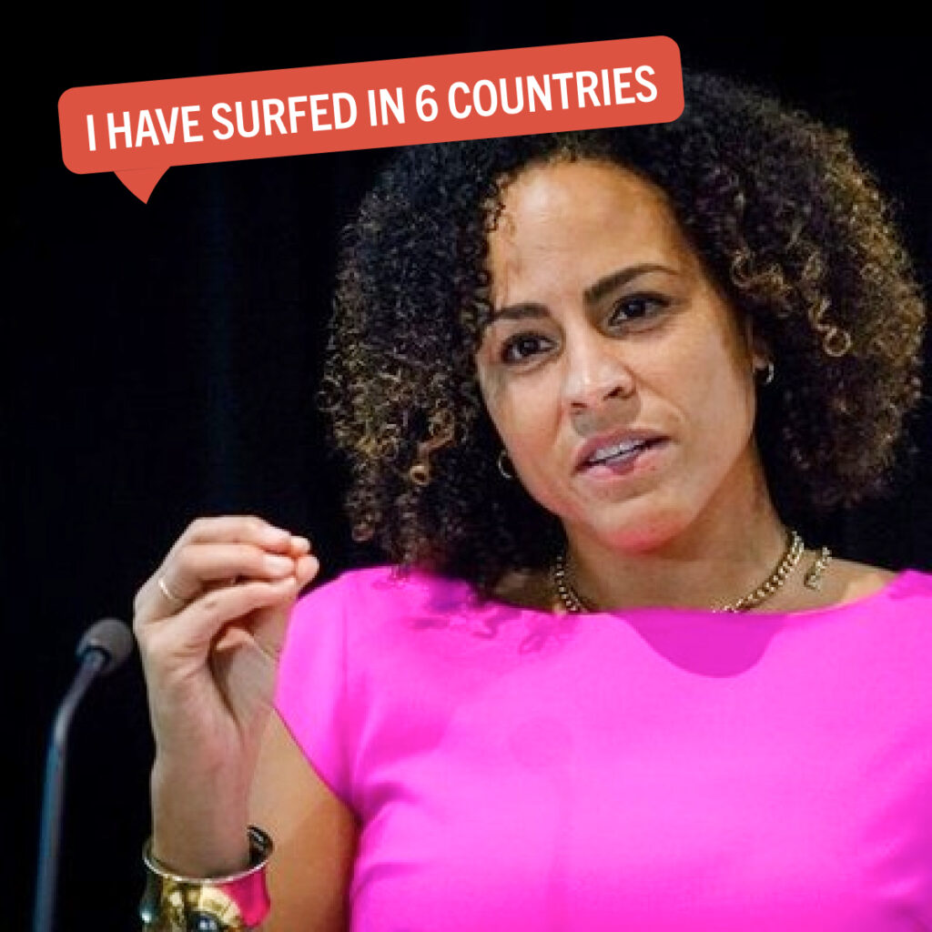 Portrait of Crissy Yancey with a colorful tag displaying their fun fact "I have surfed in 6 countries"