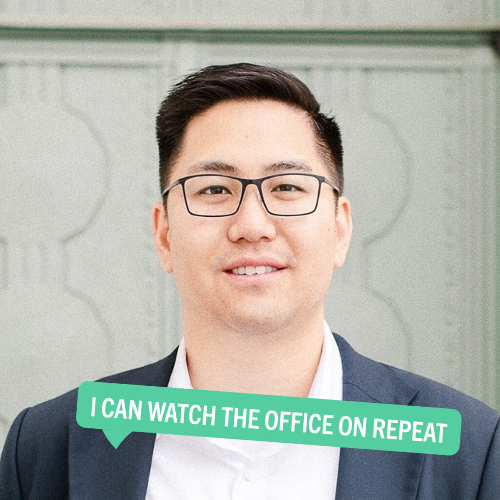 Portrait of David Tran with a colorful tag displaying their fun fact "I can watch The Office on repeat"