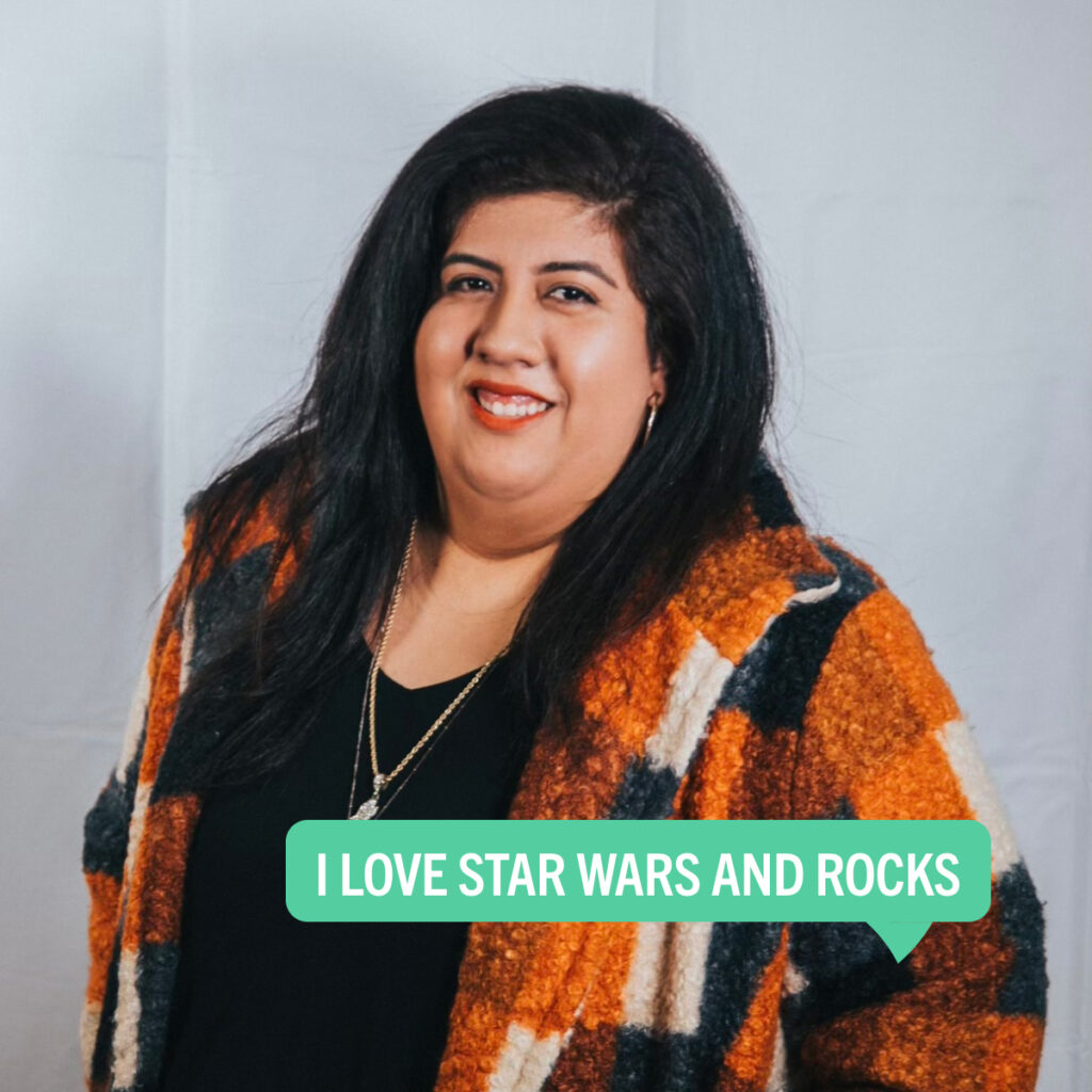 Portrait of Denise Ocana with a colorful tag displaying their fun fact "I love Star Wars and rocks"
