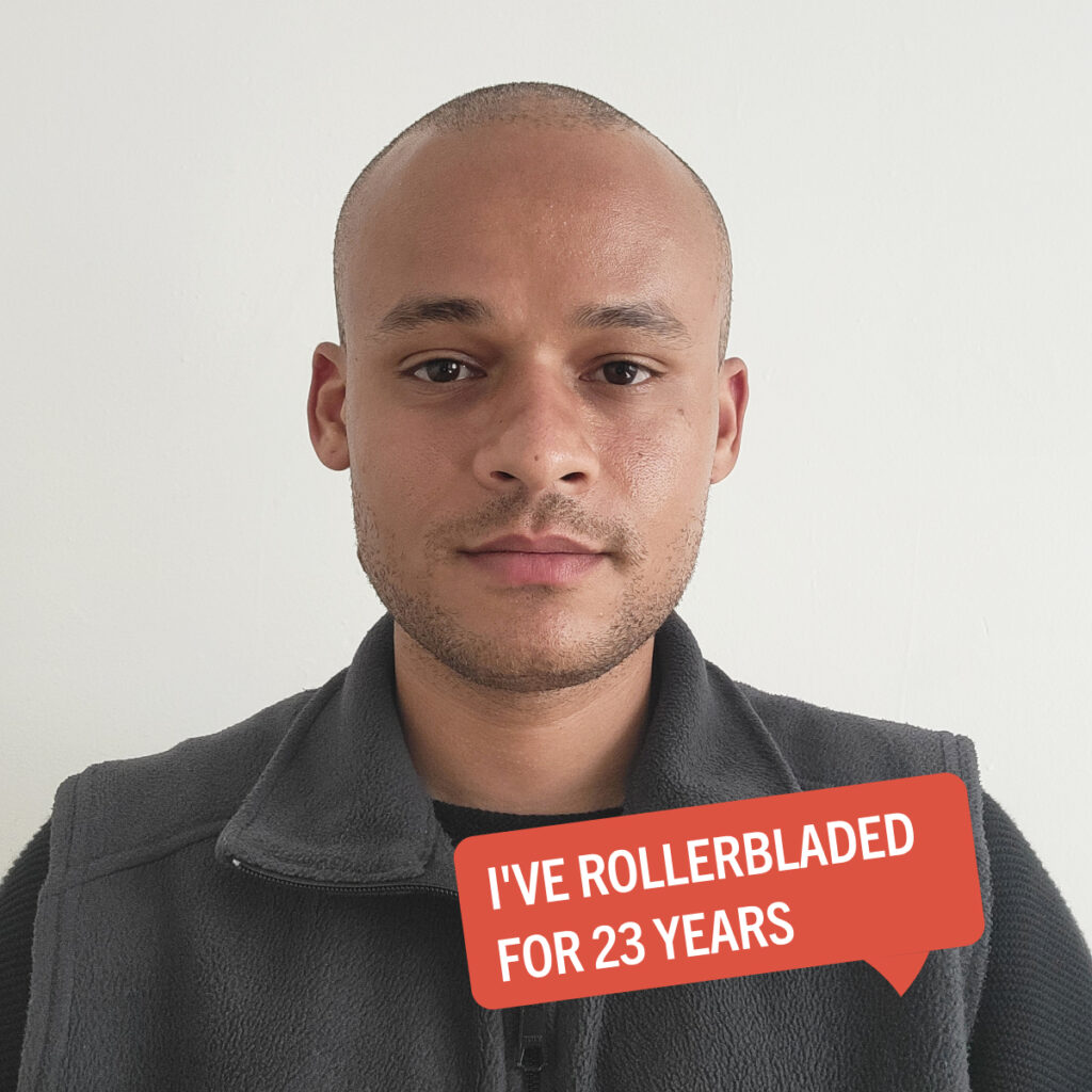 Portrait of Ed Braxton with a colorful tag displaying their fun fact "I've rollerbladed for 23 years"