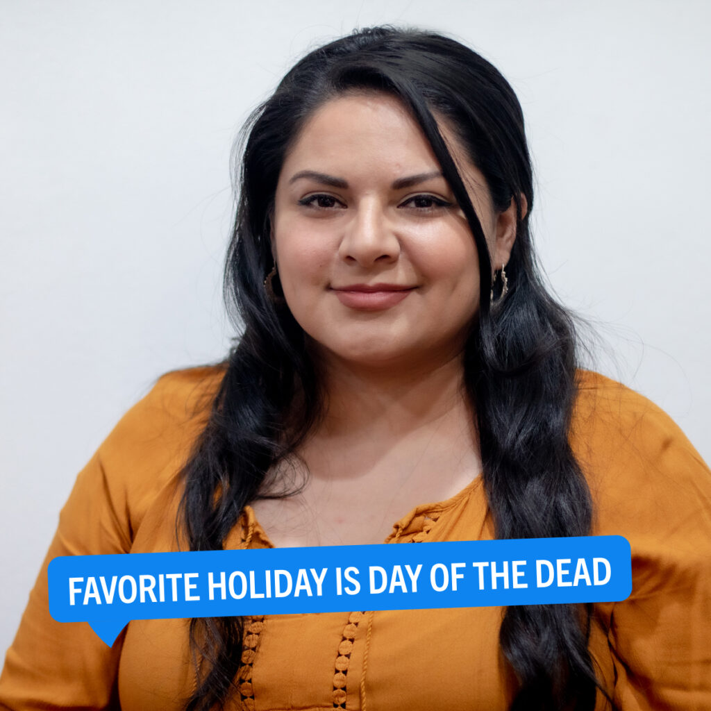 Portrait of Elvira Contreras with a colorful tag displaying their fun fact "Favorite holiday is Day of the Dead"