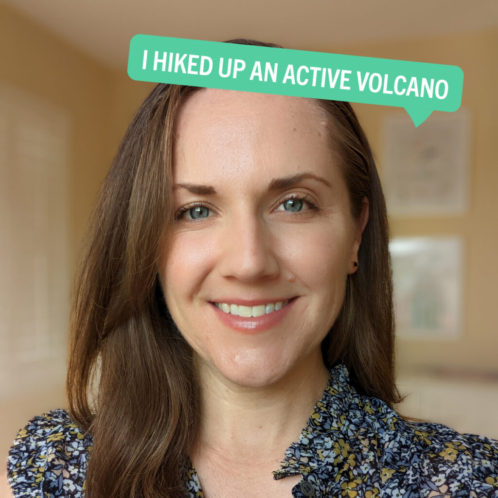 Portrait of Emily Bradley with a colorful tag displaying their fun fact "I hiked up an active volcano"