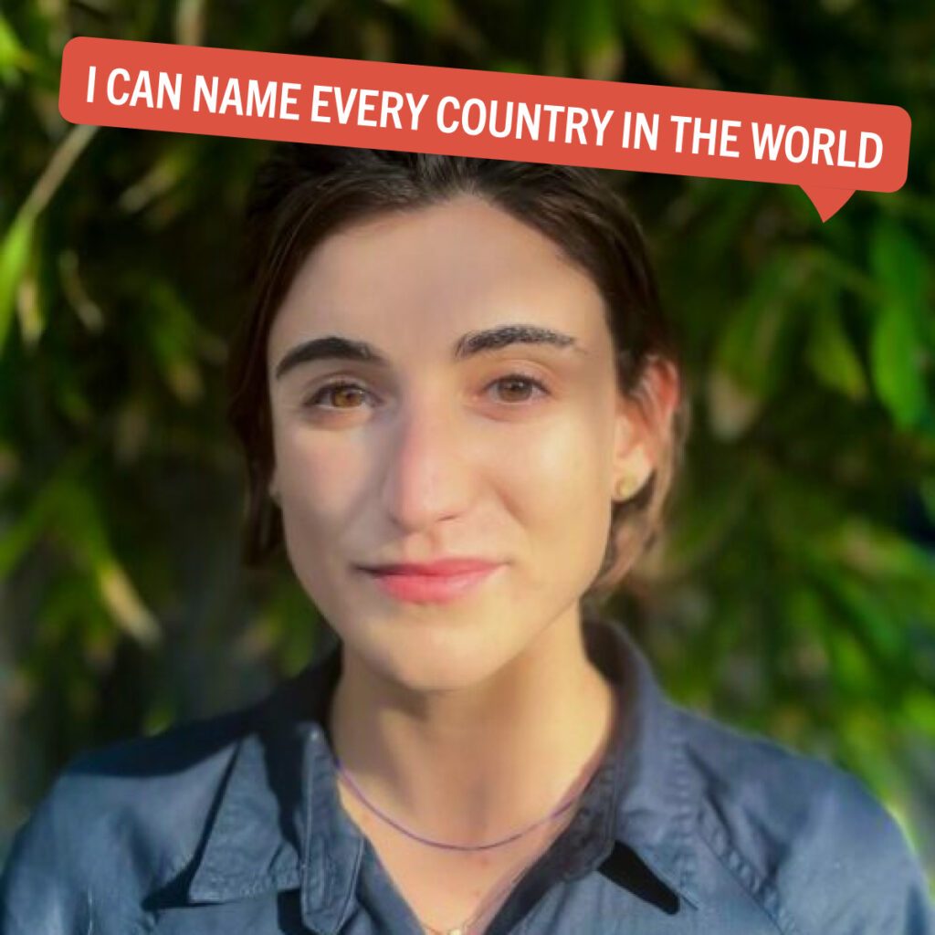 Portrait of Erin Newman with a colorful tag displaying their fun fact "I can name every country in the world"