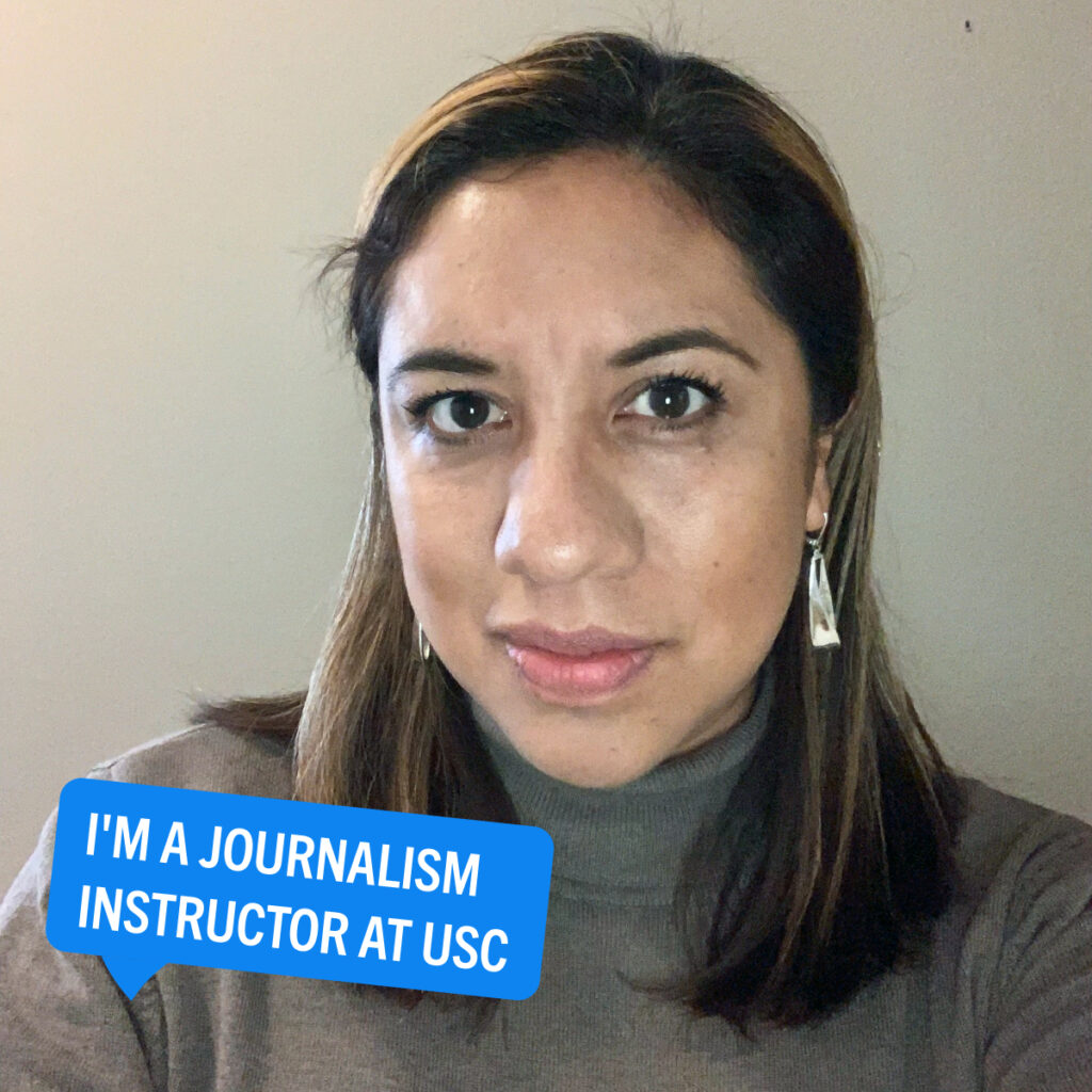 Portrait of Esmeralda Fabian Romero with a colorful tag displaying their fun fact "I'm a journalism instructor at USC"