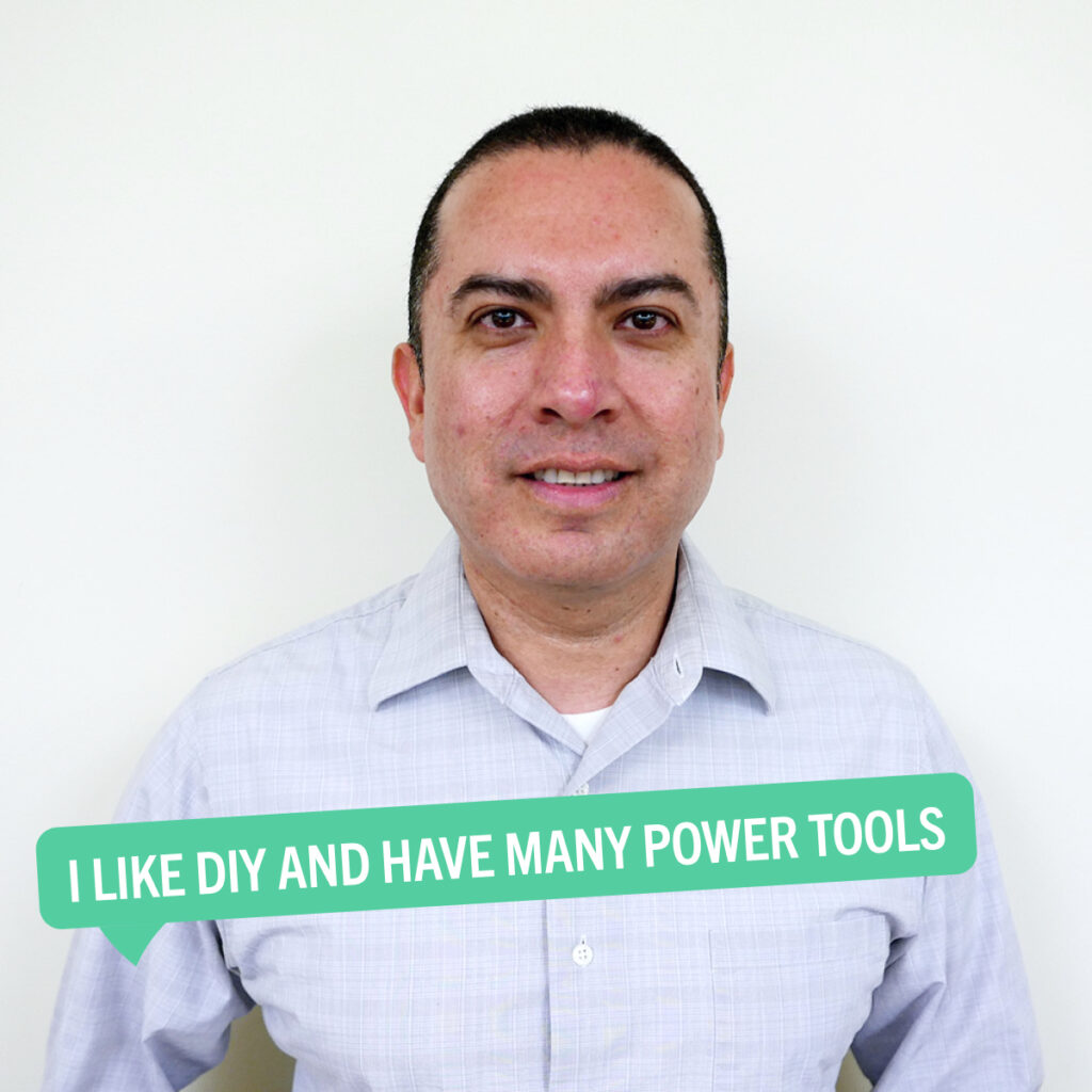 Portrait of Gabriel Argumaniz with a colorful tag displaying their fun fact "I like DIY and have many power tools"