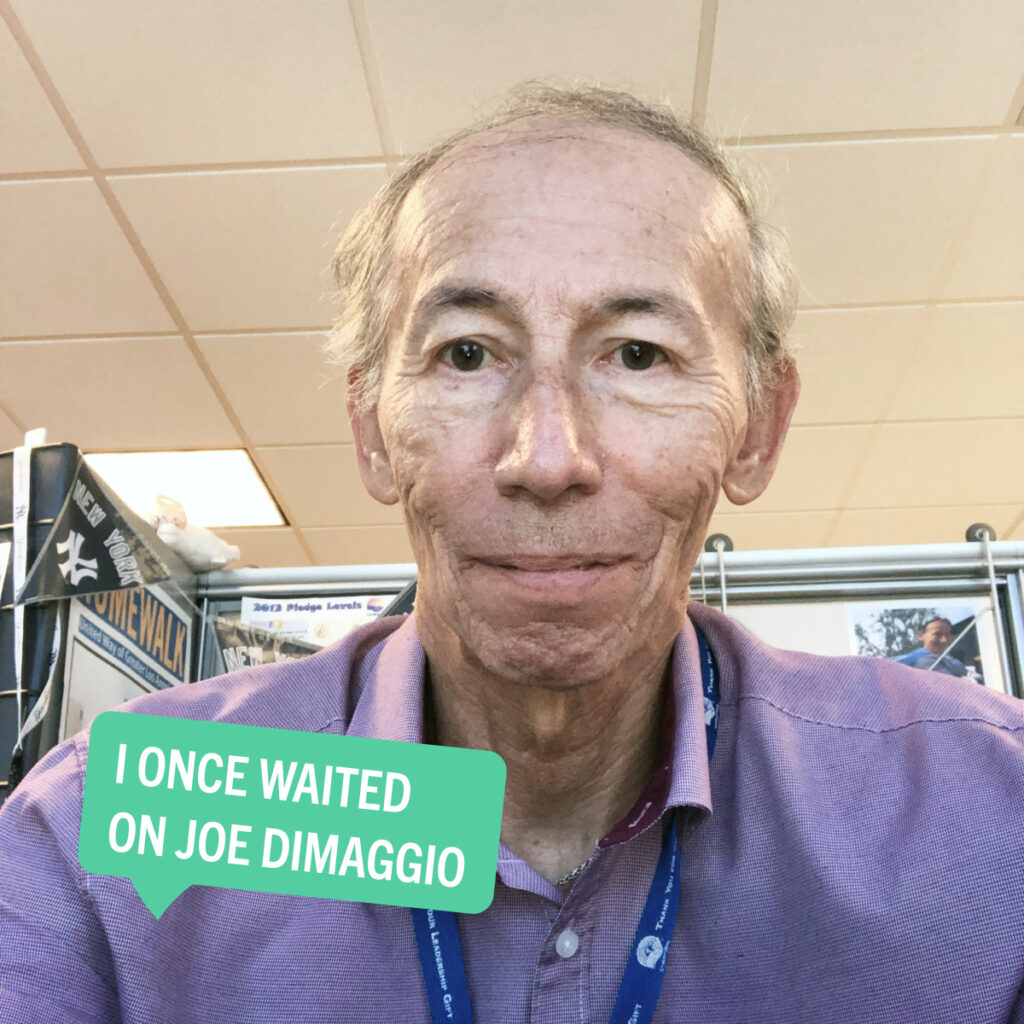 Portrait of John Pang with a colorful tag displaying their fun fact "I once waited on Joe DiMaggio"