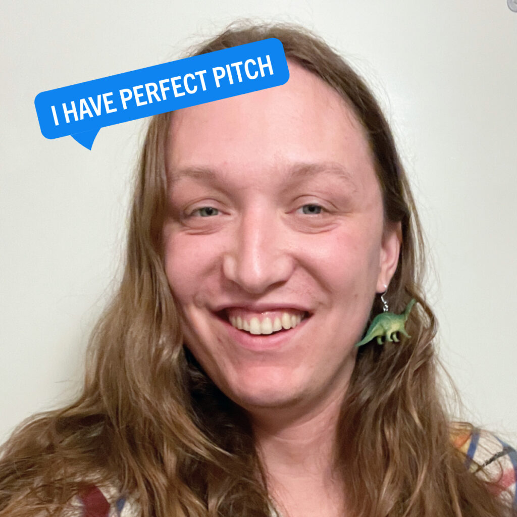 Portrait of Jordan Wynne with a colorful tag displaying their fun fact "I have perfect pitch"