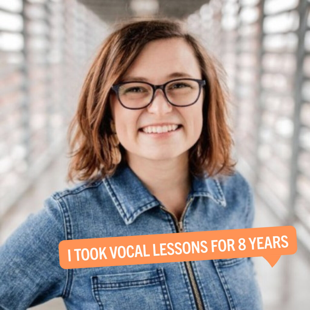 Portrait of Lynley Closson with a colorful tag displaying their fun fact "I took vocal lessons for 8 years"