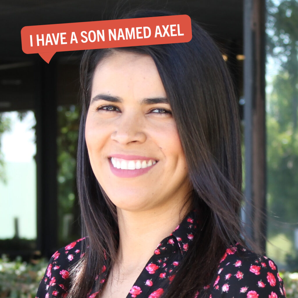 Portrait of Martha next to a colorful tag that says, "I have a son named Axel."