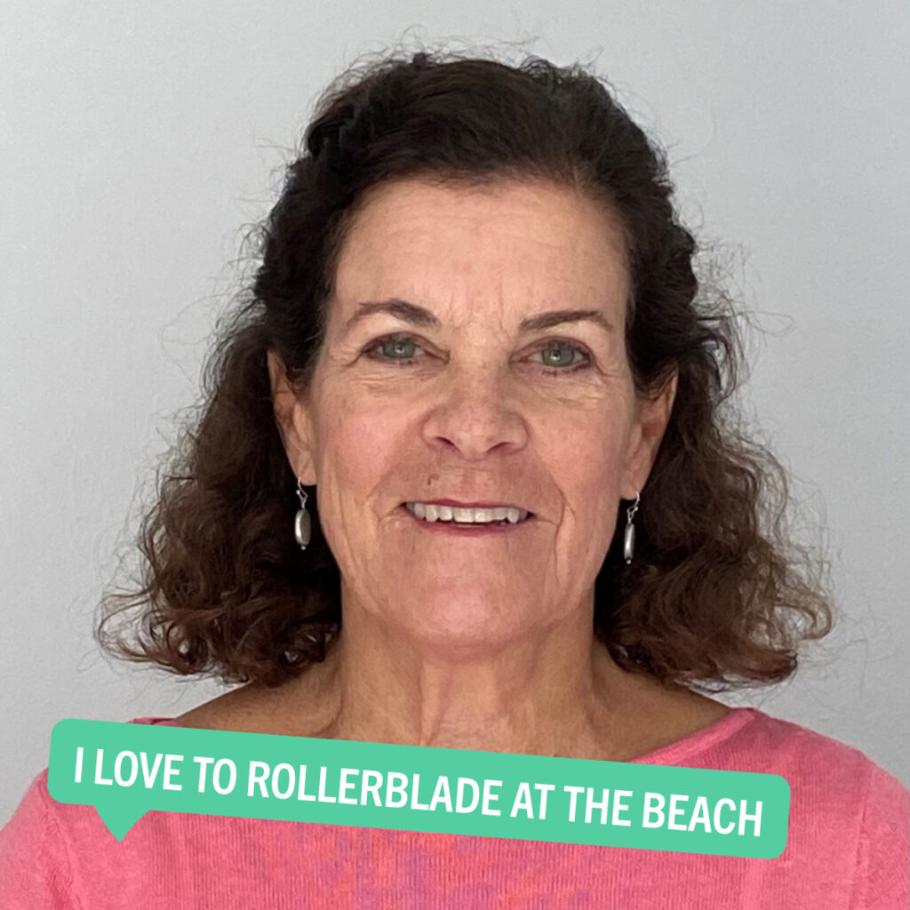 Portrait of Michelle Reed with a colorful tag displaying their fun fact "I love to rollerblade at the beach"