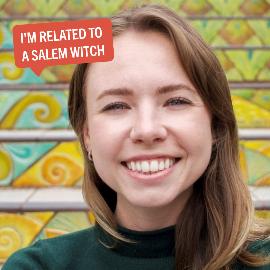 Portrait of Monica Strauch with a colorful tag displaying their fun fact "I'm related to a Salem witch"