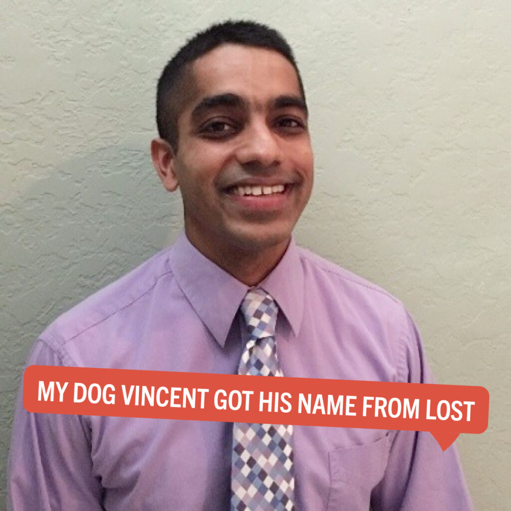 Portrait of Navin Doré with a colorful tag displaying their fun fact "My dog Vincent got his name from Lost"