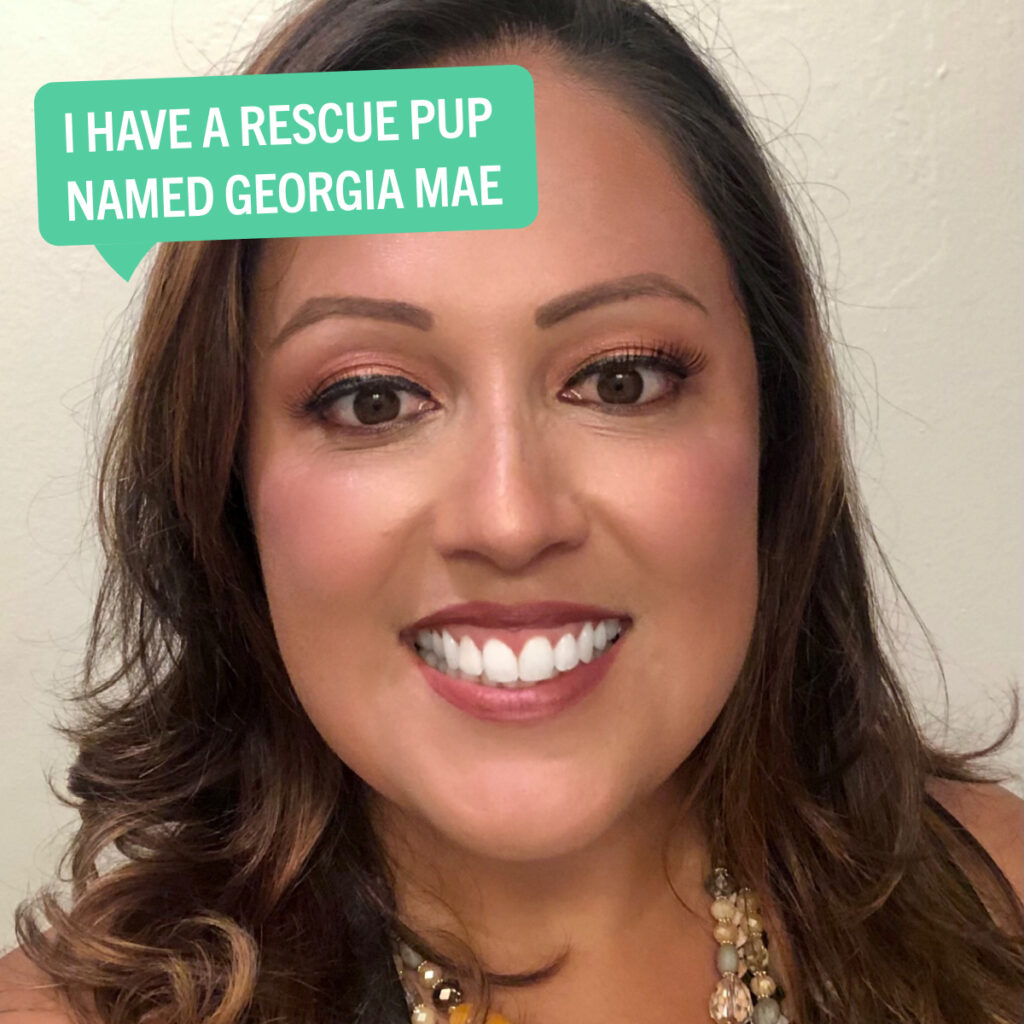 A portrait of Norma beside a colorful tag that says, "I have a rescue pup named Georgia Mae."