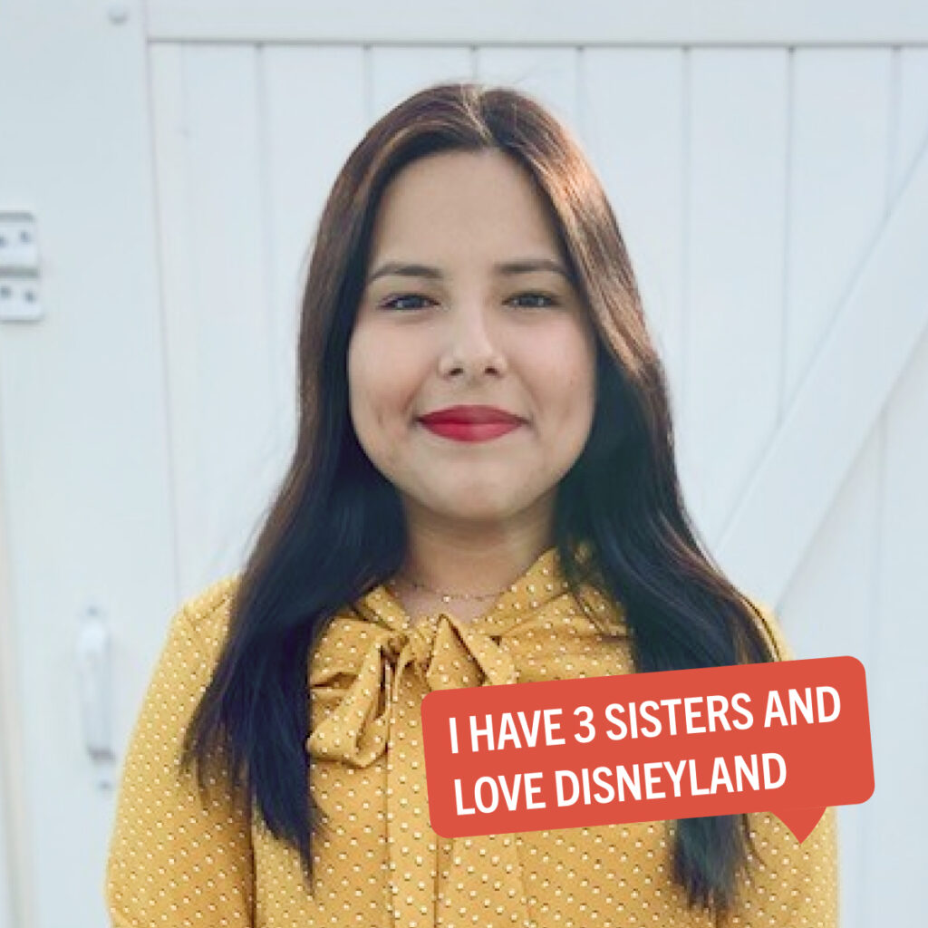 Portrait of Patricia Castellanos with a colorful tag displaying their fun fact "I have 3 sisters and love Disneyland"
