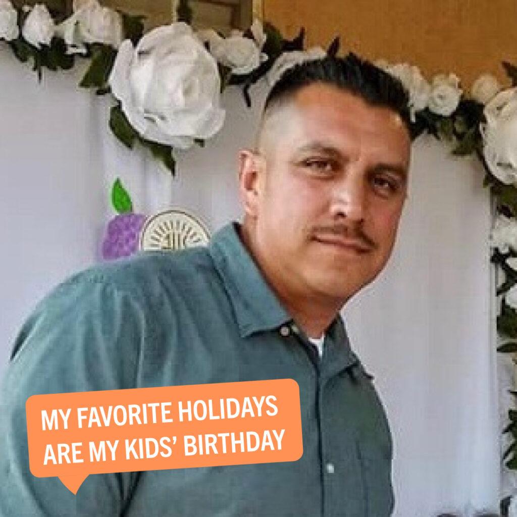 A picture of Salomon looking at the camera with a speech bubble that says, "My favorite holidays are my kids' birthdays."