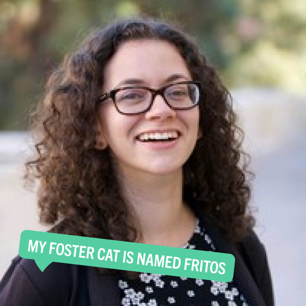 Portrait of Sarah Rubinstein with a colorful tag displaying their fun fact "My rescue cat is named Fritos"
