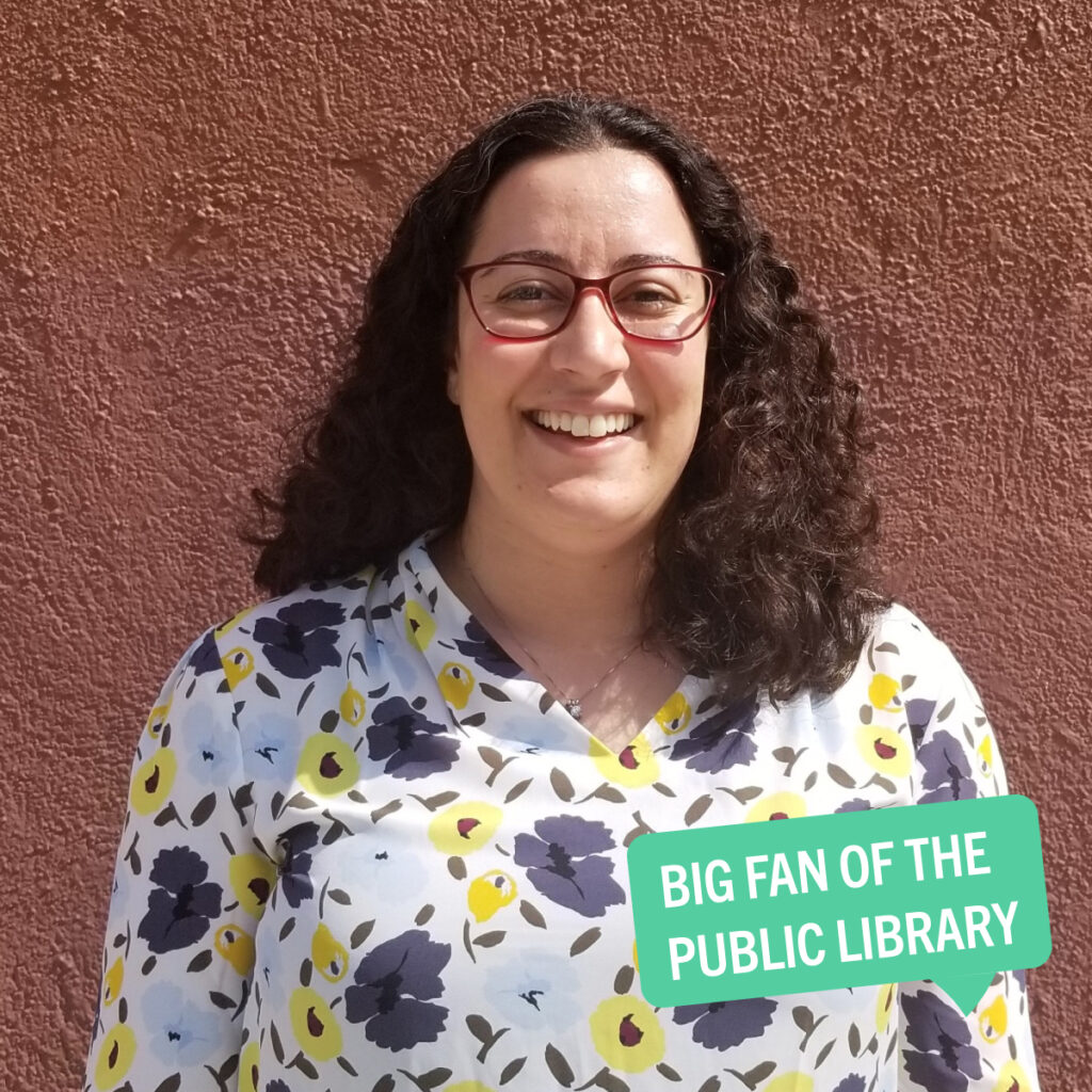 Portrait of Tammy Marashlian with a colorful tag displaying their fun fact "Big fan of the public library"