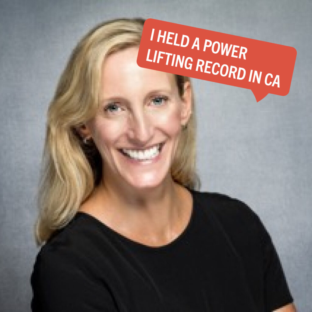 Taulene smiling at the camera beside a speech bubble that says, "I held a power lifting record in California"