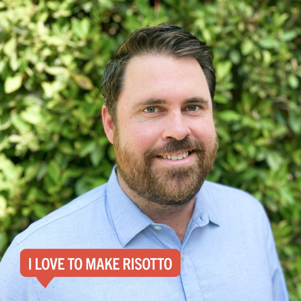 Portrait of Tommy Newman with a colorful tag displaying their fun fact "I love to make risotto"