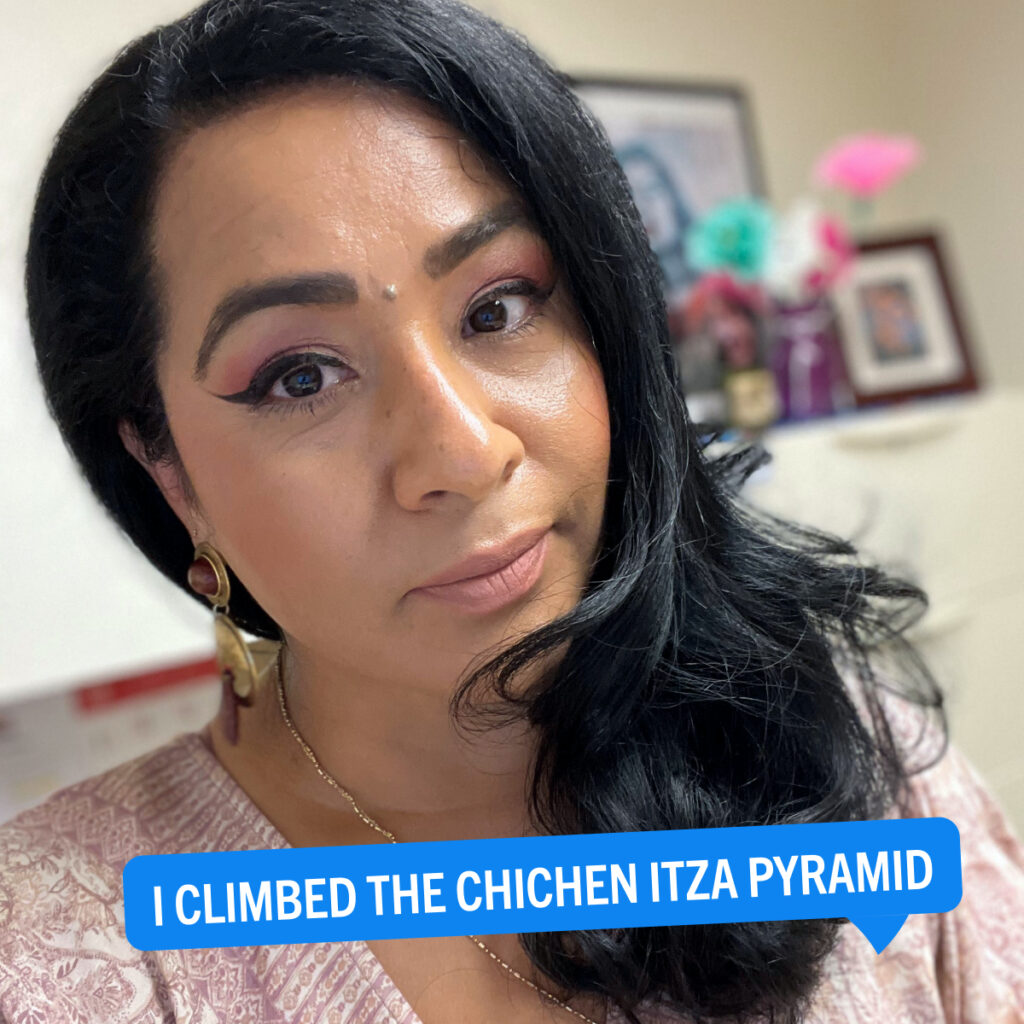 Portrait of Xochitl Flores with a colorful tag displaying their fun fact "I climbed the Chichen Itza pyramid."